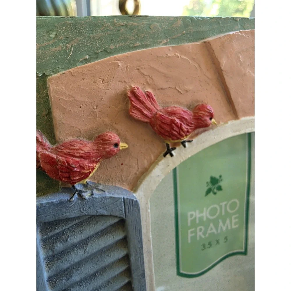 Vintage Cottagecore Floral Photo Frame Birds Bee Blue Shutters 3.5x5 Shabby Chic